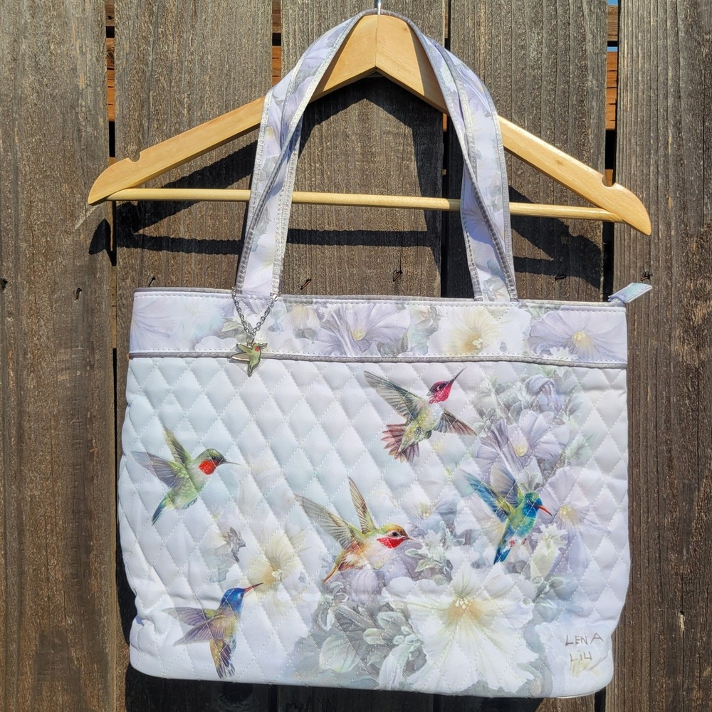 Lena Liu Hummingbird Quilted Tote Bag Floral Nature Art Shoulder Bag Zipper Top